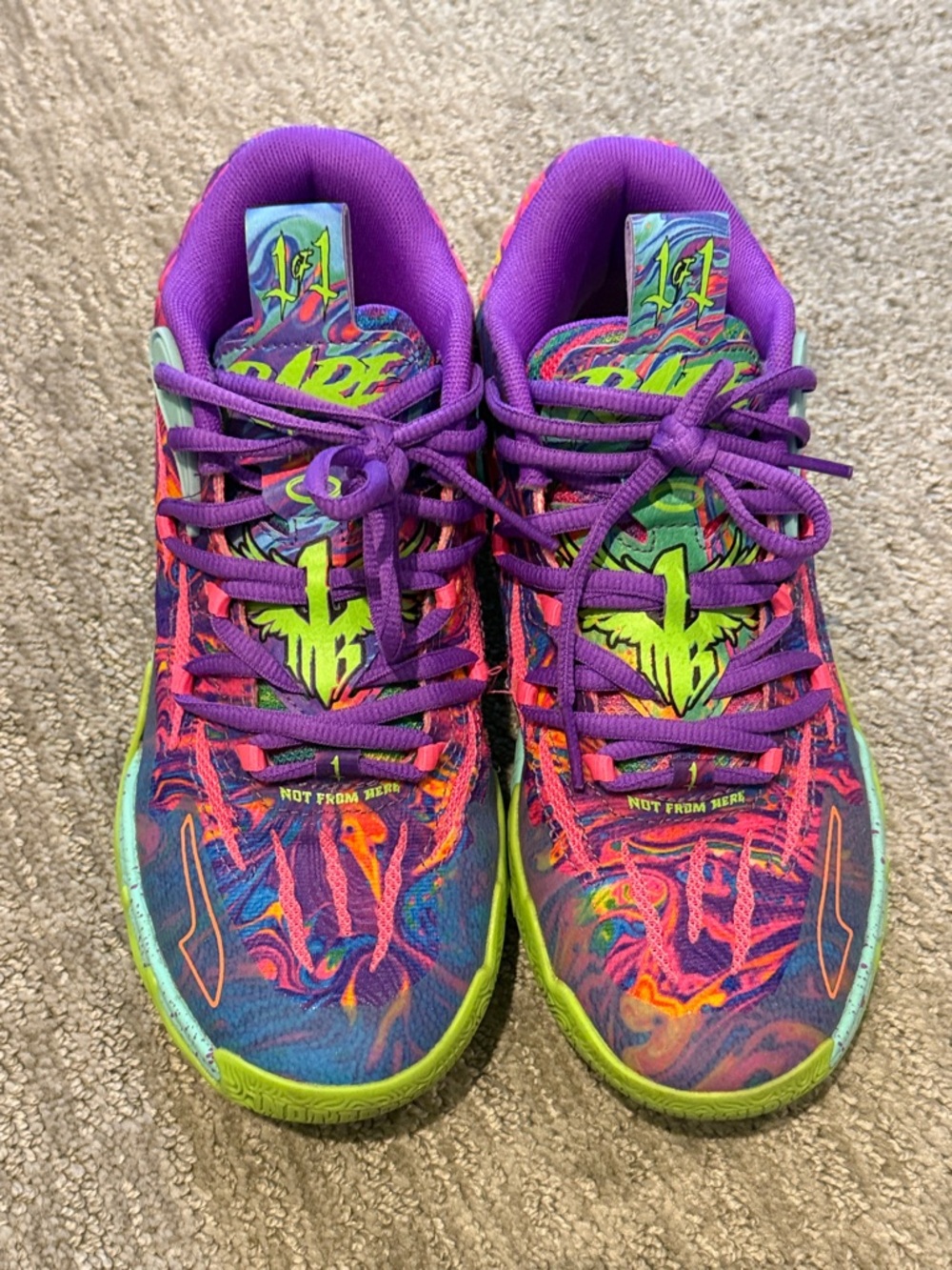 Kids Puma La Melo Multicolor Athletic Sneakers - Purple/Neon Green